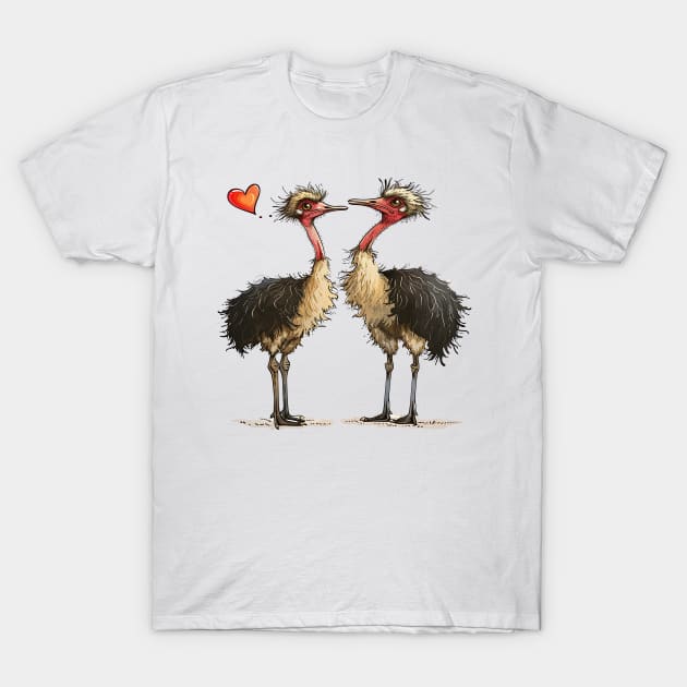 Valentine Cartoon Ostrich Couple T-Shirt by Chromatic Fusion Studio